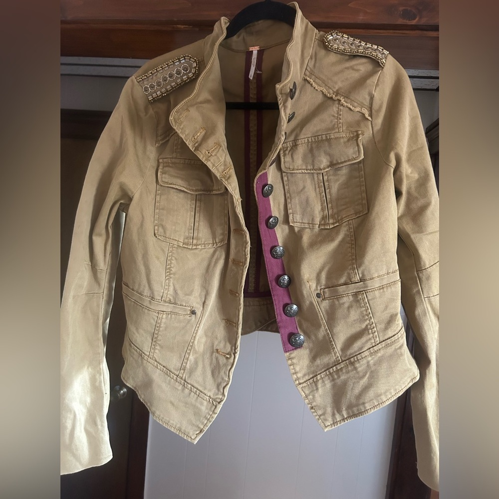 Free People army green jacket with metal buttons and beads